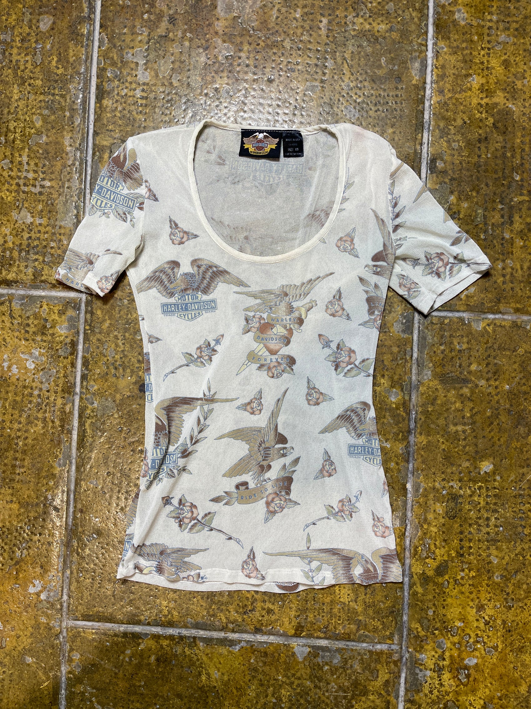 Harley Davidson See Through Short Sleeve Top Cream 2000s y2k Mad in USA - XS