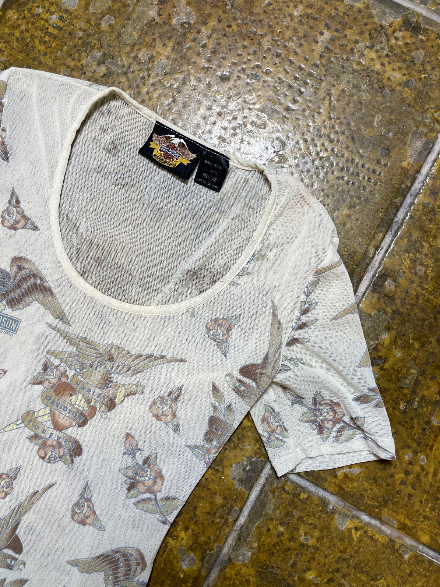 Harley Davidson See Through Short Sleeve Top Cream 2000s y2k Mad in USA - XS