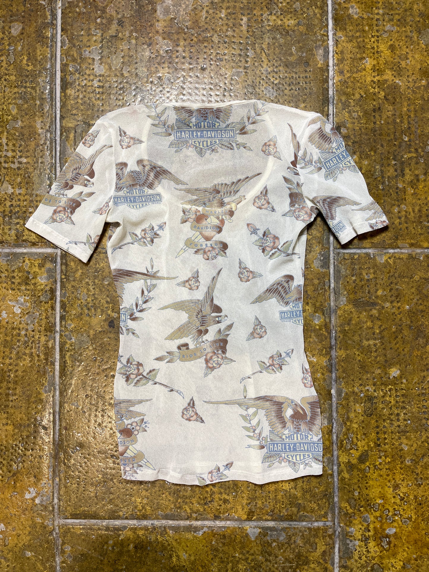 Harley Davidson See Through Short Sleeve Top Cream 2000s y2k Mad in USA - XS