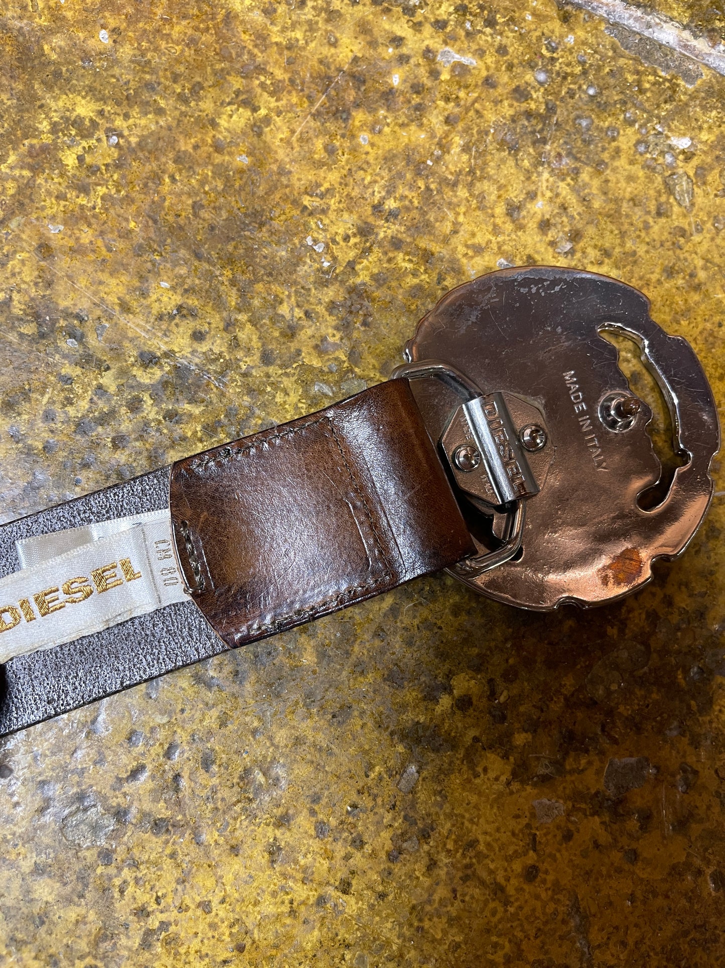 Diesel Leather Metal Big Buckle Belt Brown Silver 2000s y2k - 80cm