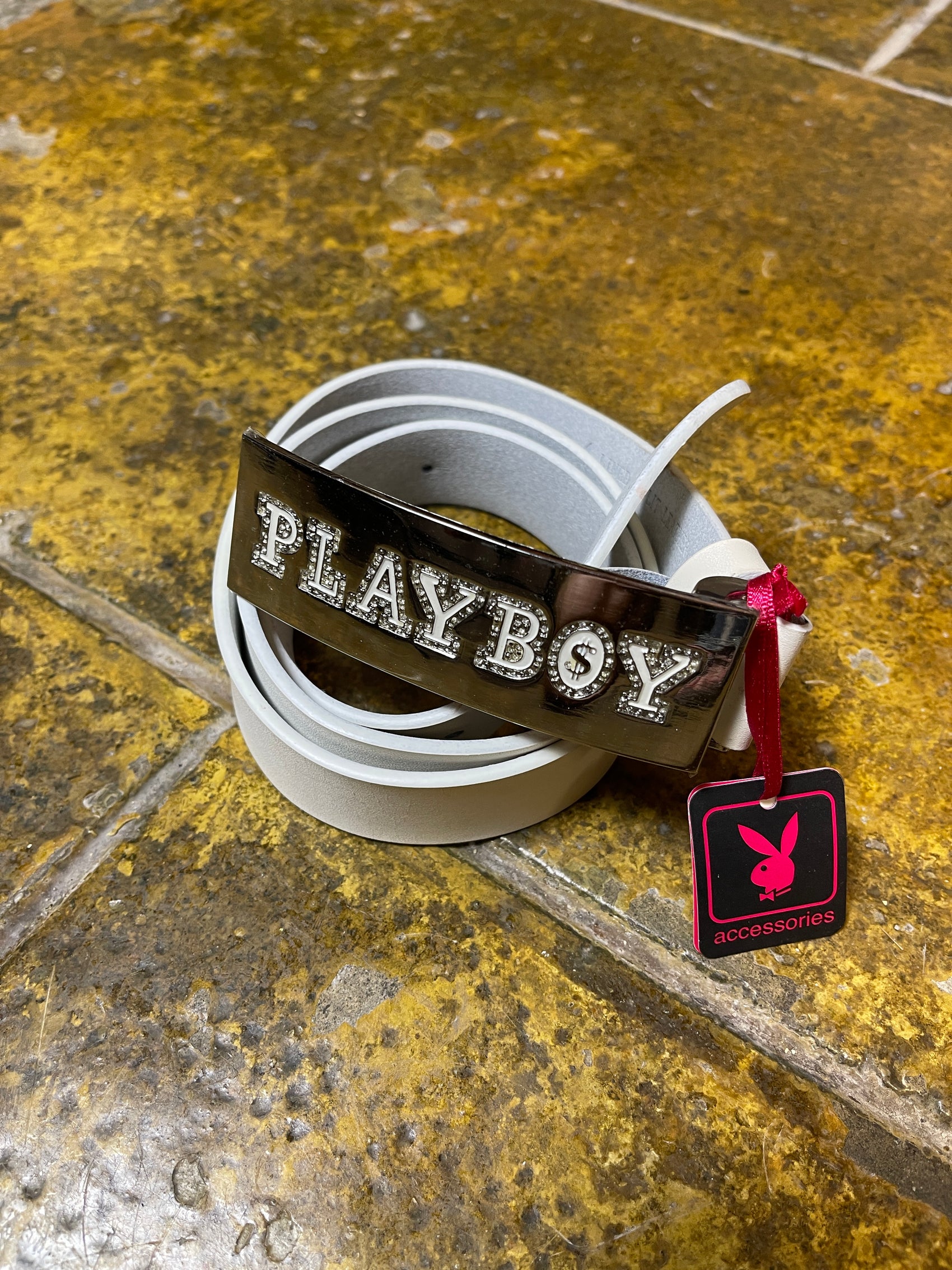 Playboy Leather Belt Big Buckle White 2000s y2k - 103cm