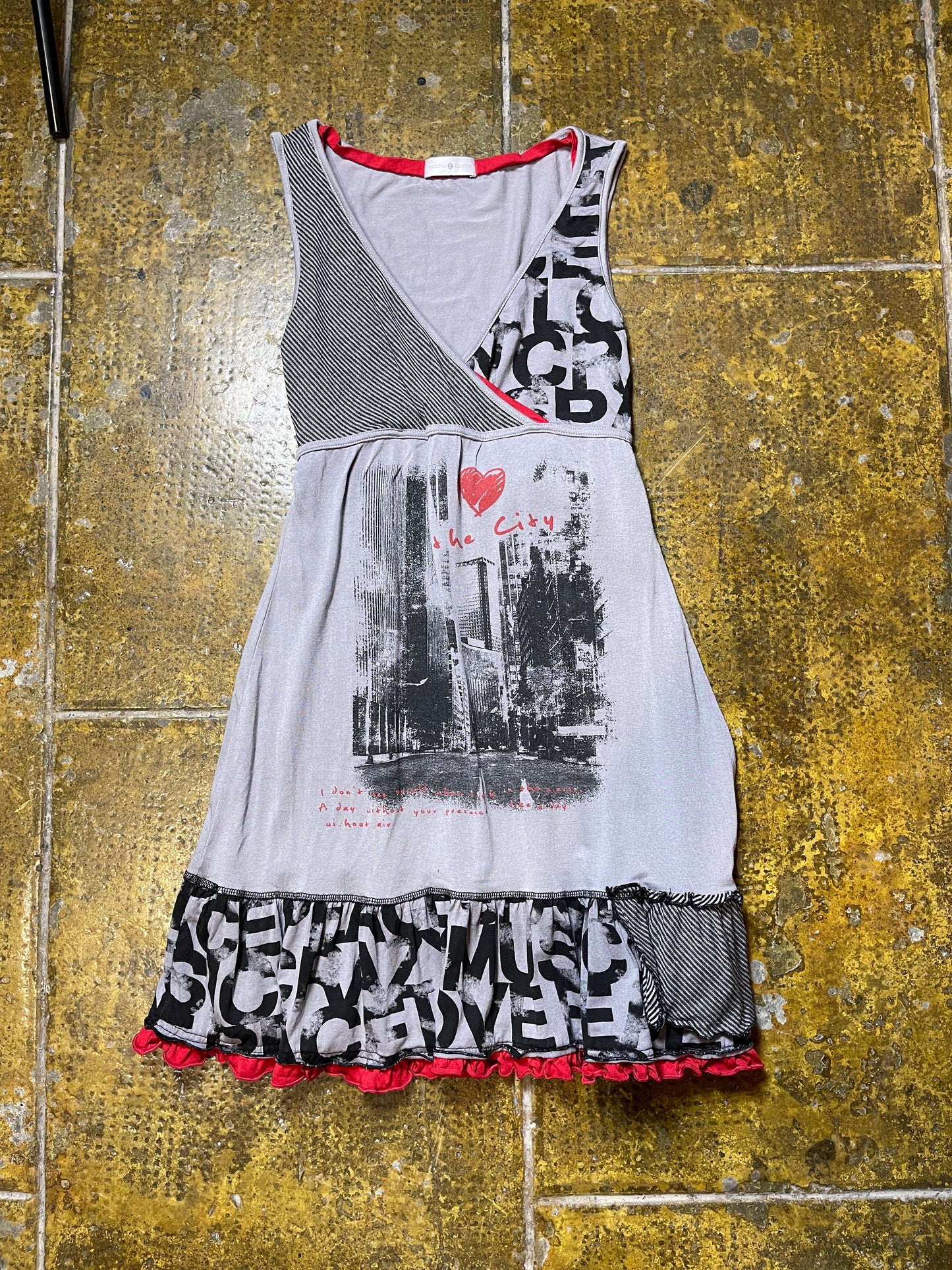 Cache Cache Sleeveless Summer Dress Gray Red 2000s y2k - L