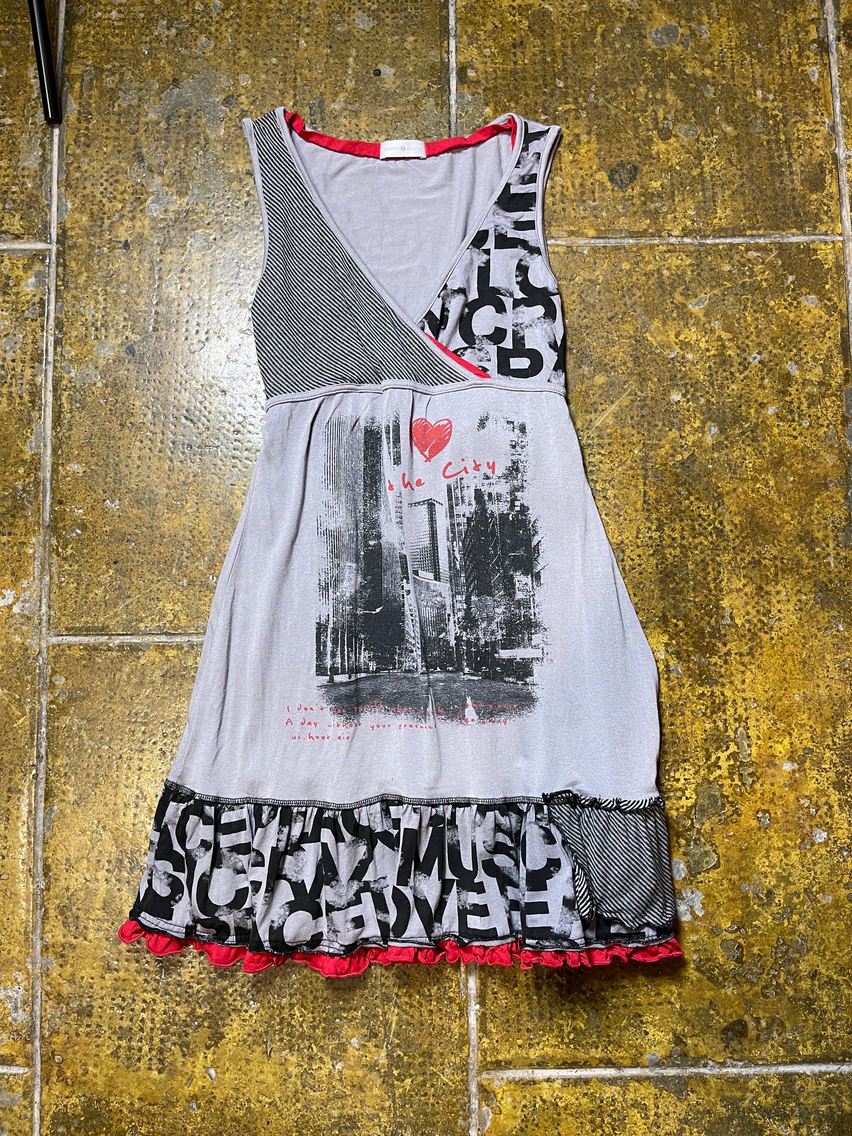 Cache Cache Sleeveless Summer Dress Gray Red 2000s y2k - L