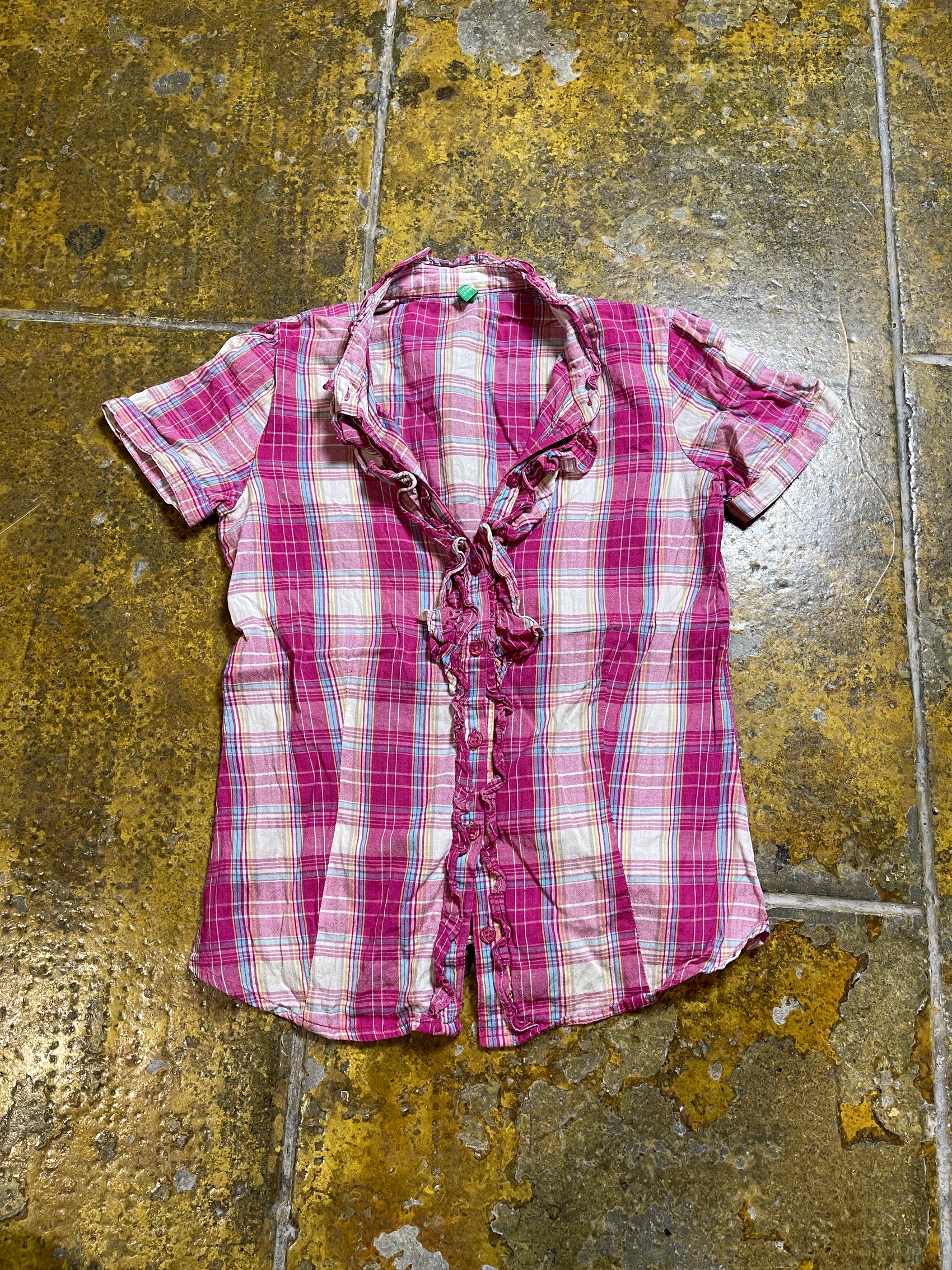 Benetton Short Sleeve Top Pink White 2000s y2k - XS