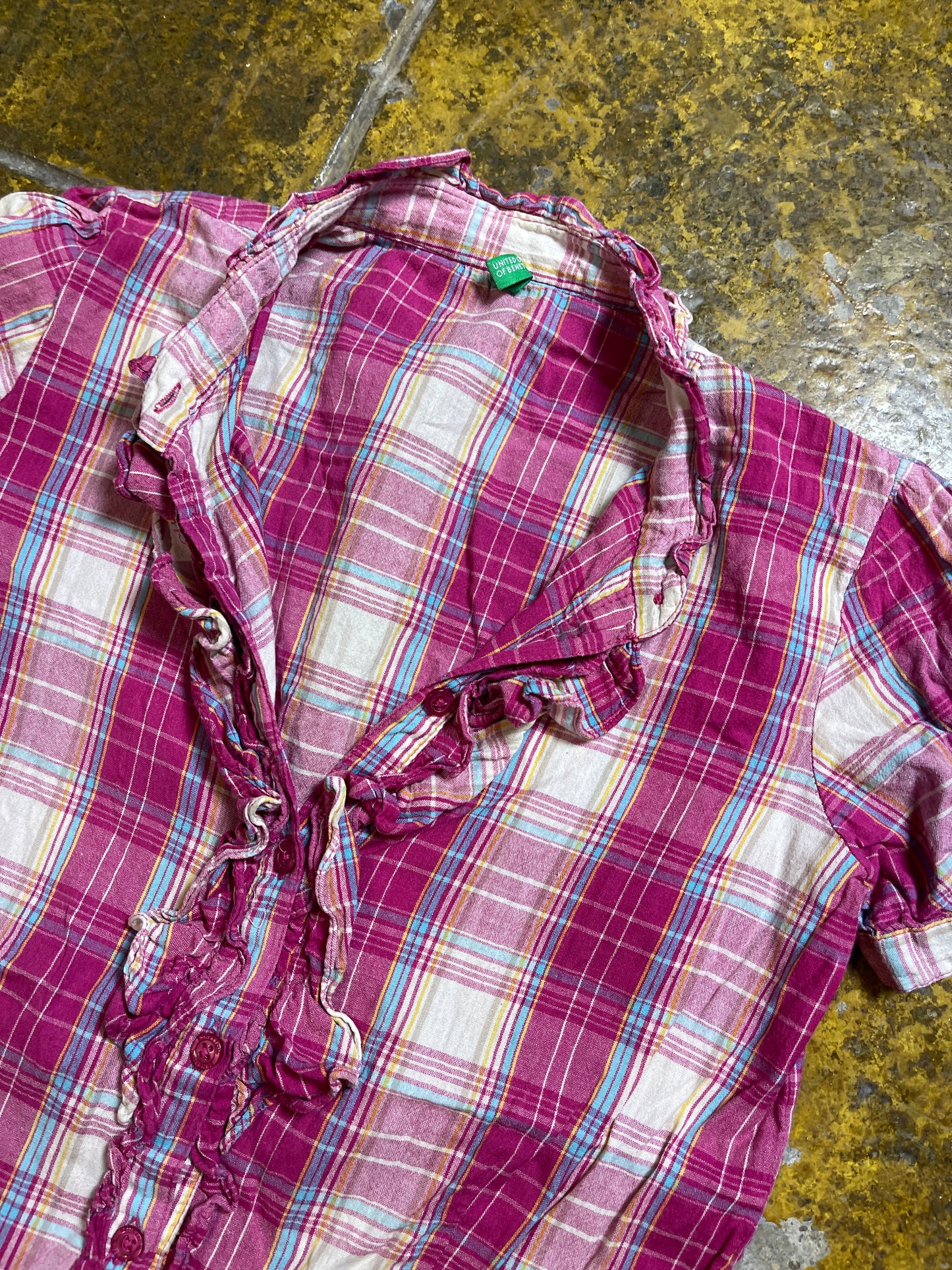 Benetton Short Sleeve Top Pink White 2000s y2k - XS