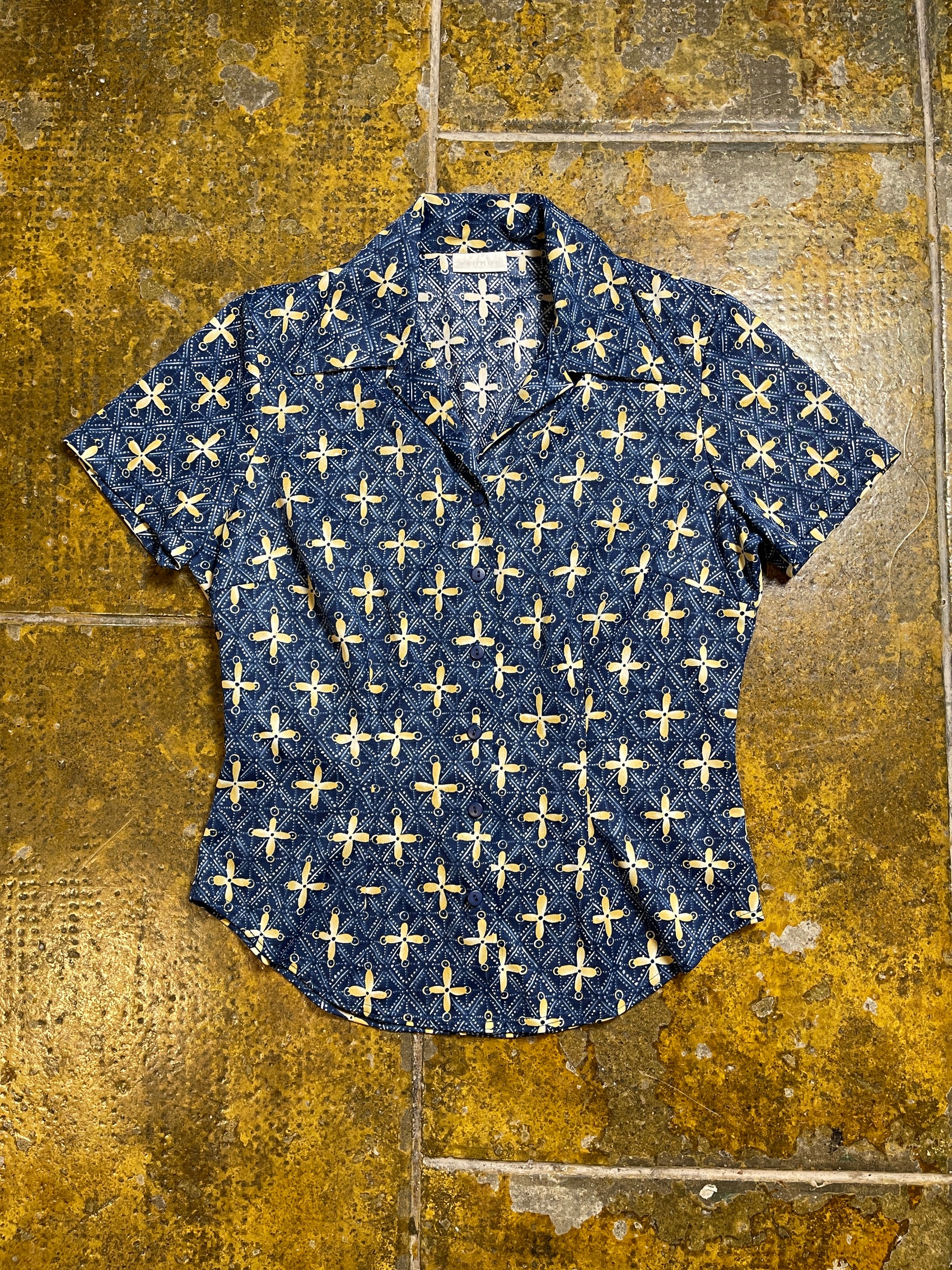 Promod Short Sleeve Top Blue Yellow 2000s y2k - L