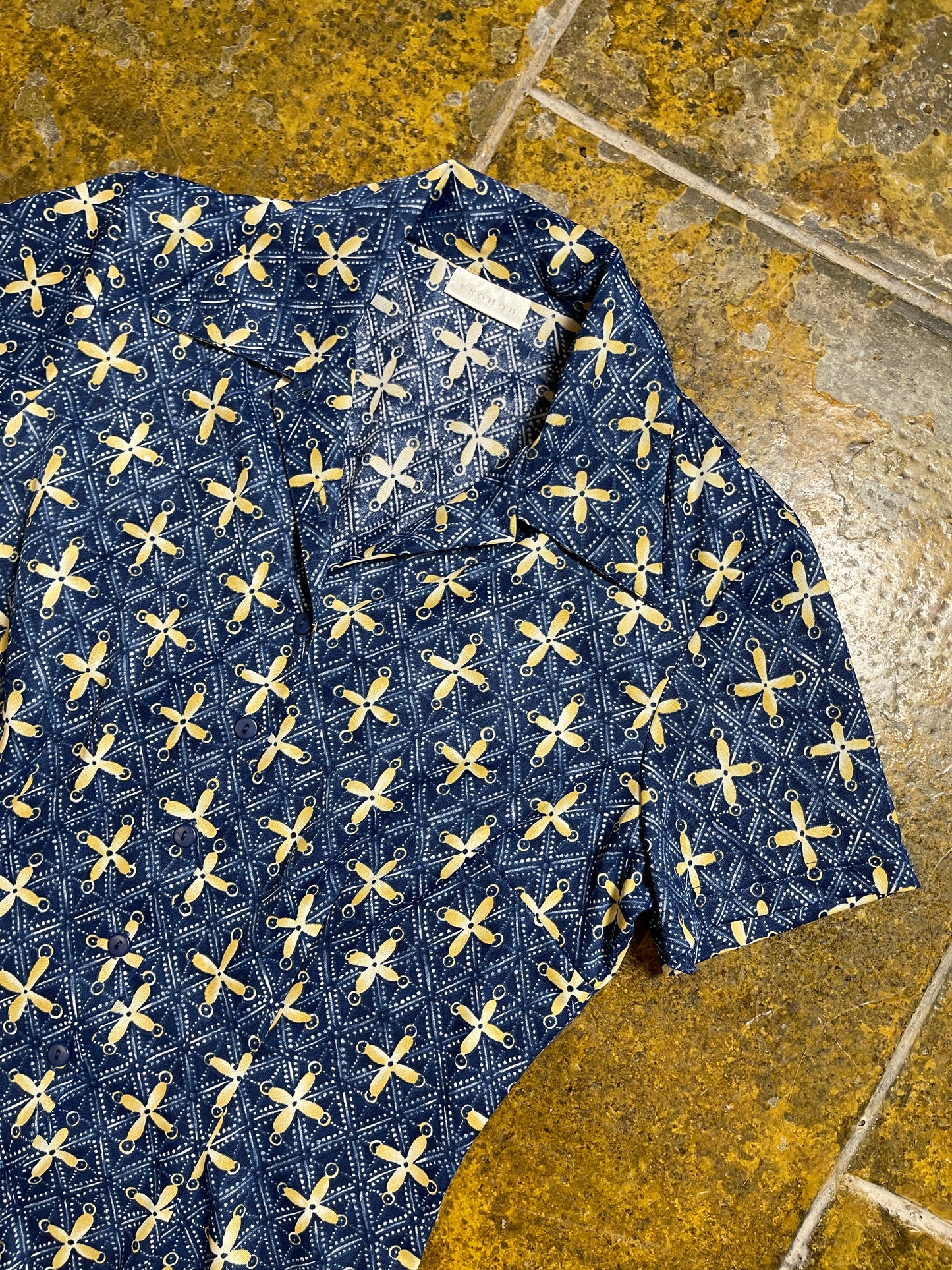 Promod Short Sleeve Top Blue Yellow 2000s y2k - L