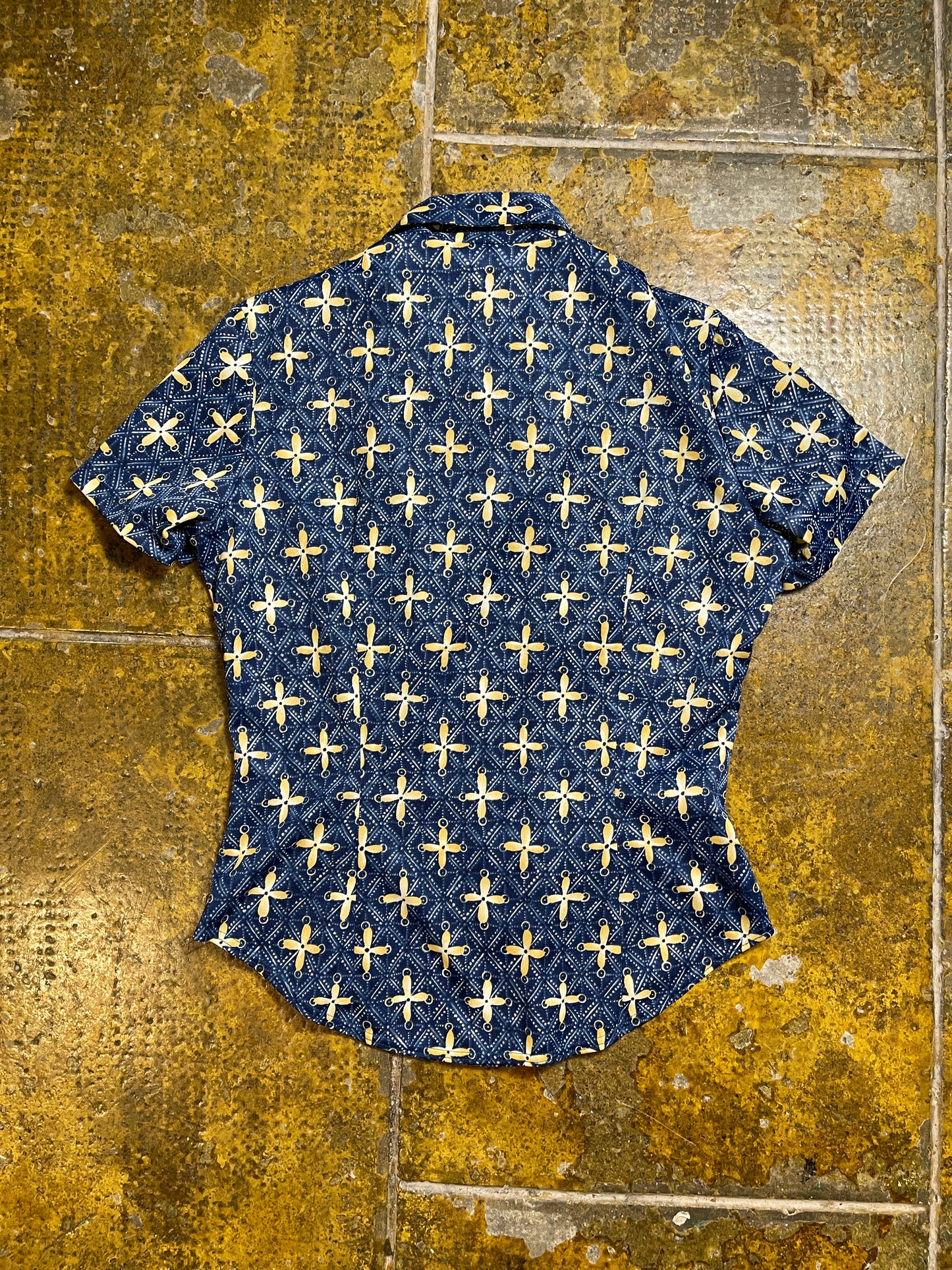 Promod Short Sleeve Top Blue Yellow 2000s y2k - L