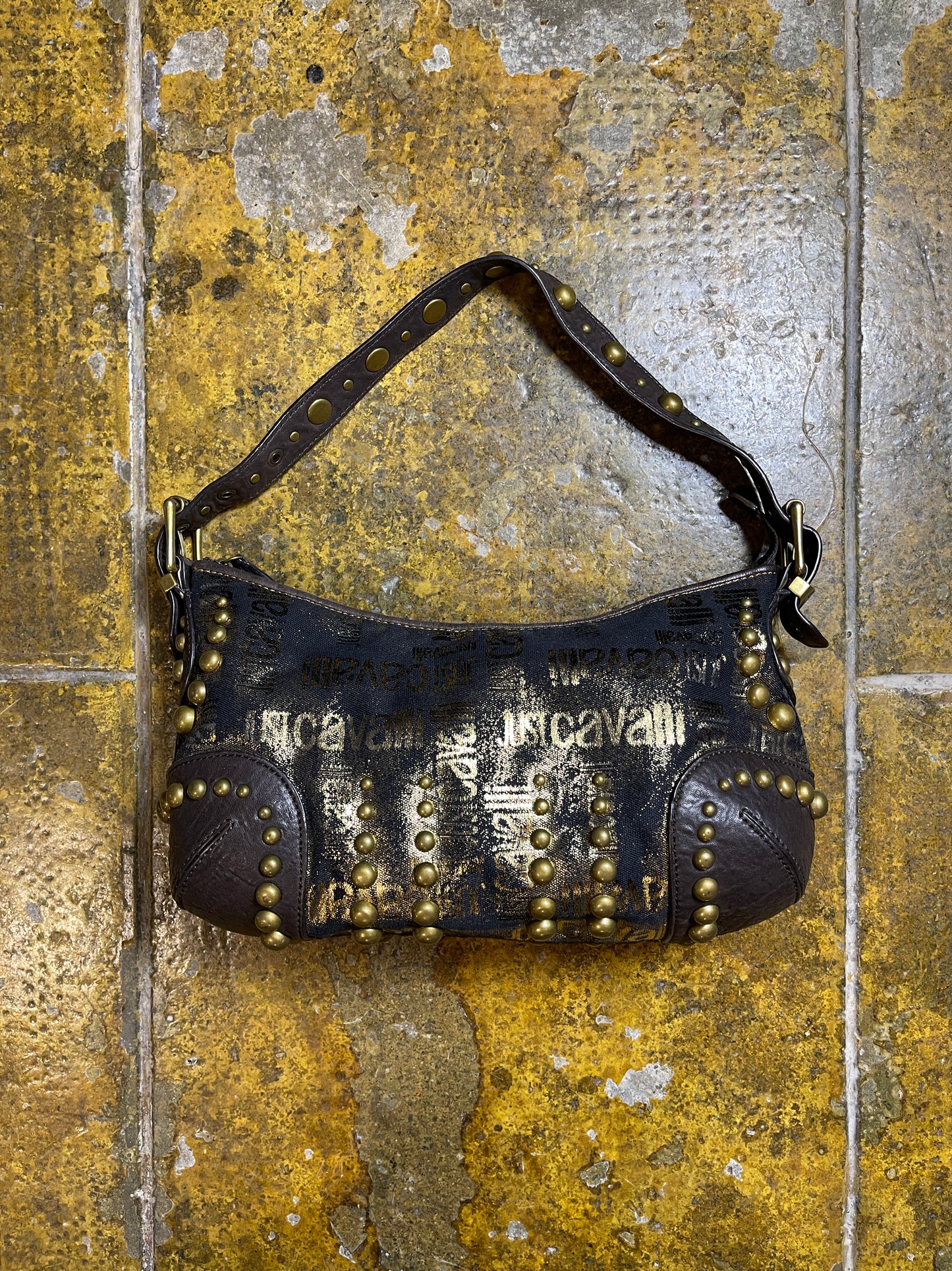 Just Cavalli Barrel Shoulder Bag Gold Brown Leather 2000s y2k