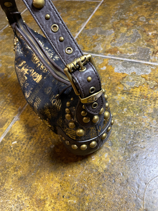 Just Cavalli Barrel Shoulder Bag Gold Brown Leather 2000s y2k