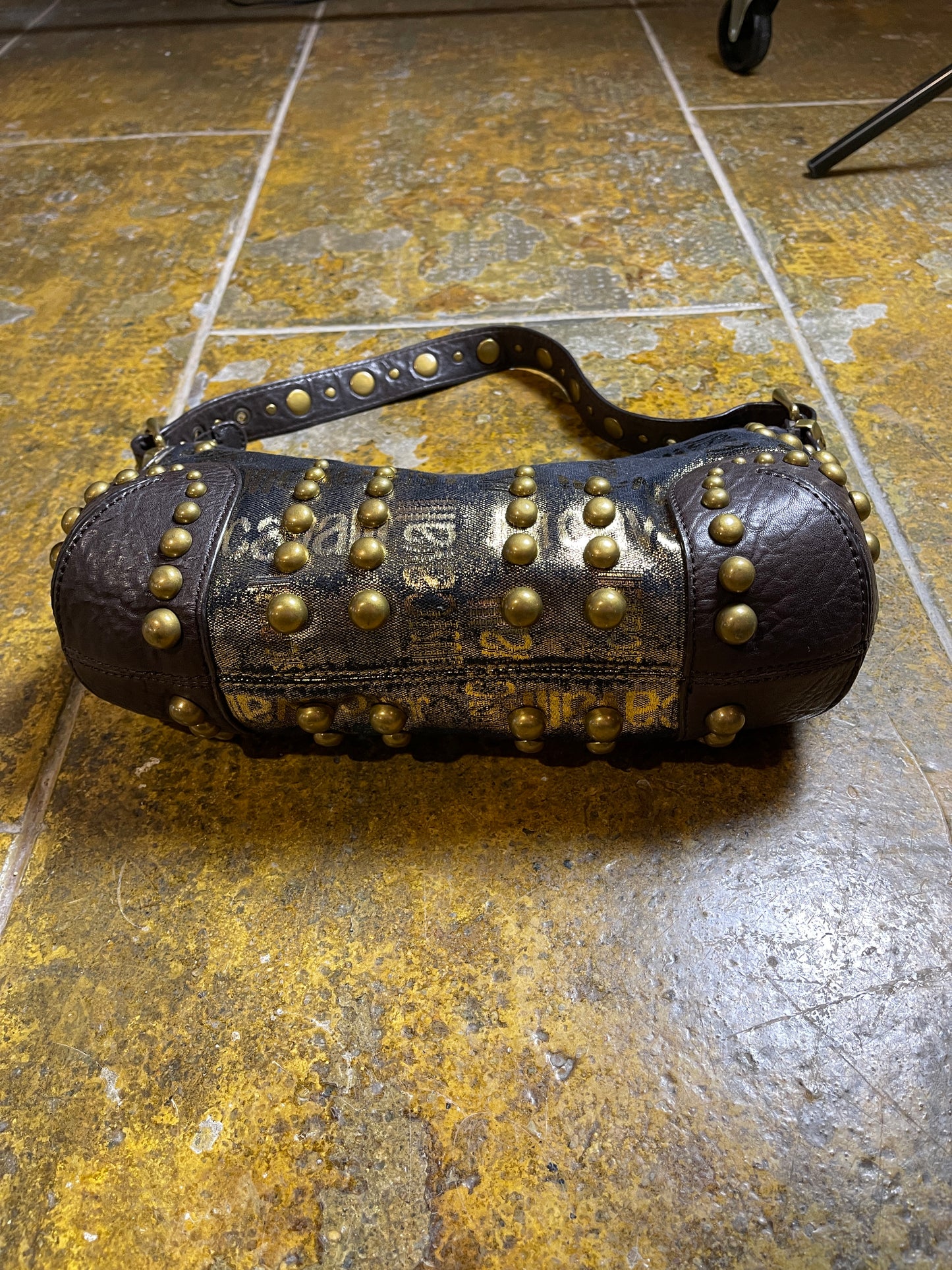 Just Cavalli Barrel Shoulder Bag Gold Brown Leather 2000s y2k