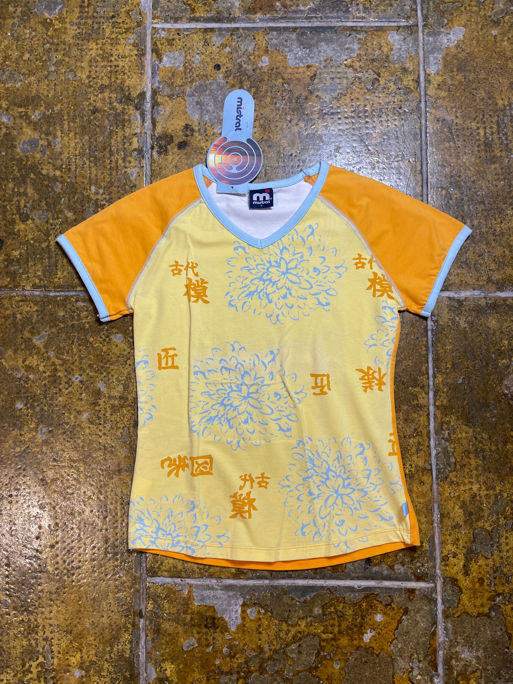 Mistral Short Sleeve Top Orange Blue 2000s y2k Deadstock - L