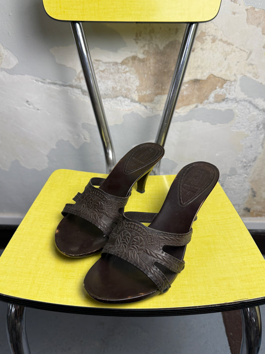 2000s Fendi Stampede Wooden High Heel Mules Y2k Brown - 38