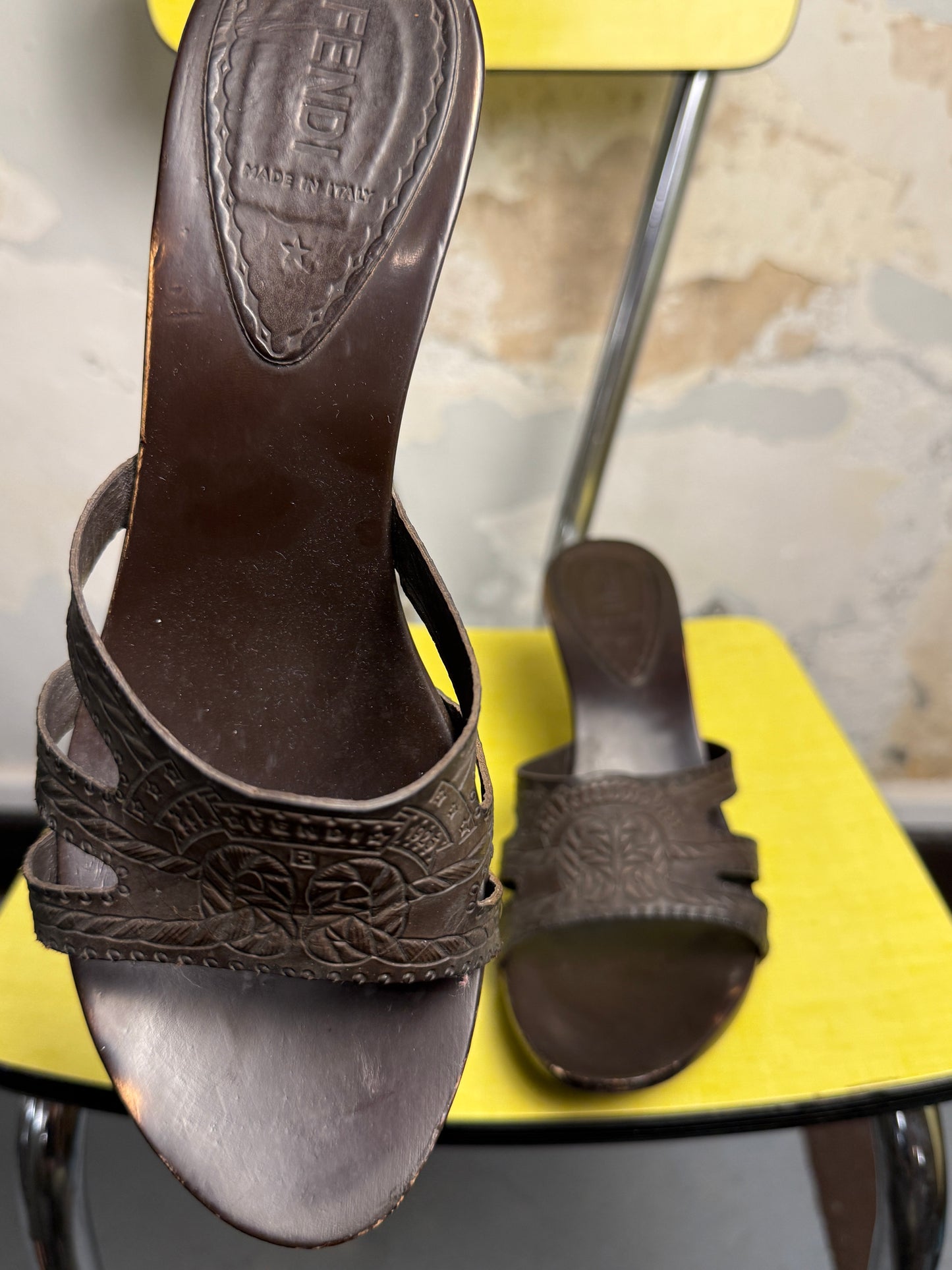 2000s Fendi Stampede Wooden High Heel Mules Y2k Brown - 38