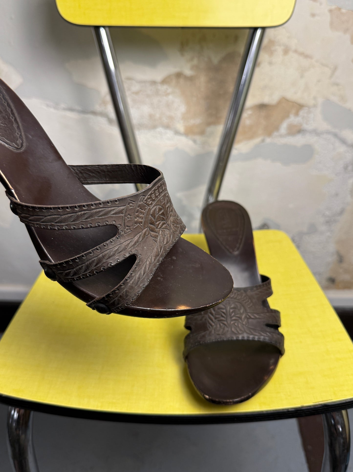 2000s Fendi Stampede Wooden High Heel Mules Y2k Brown - 38