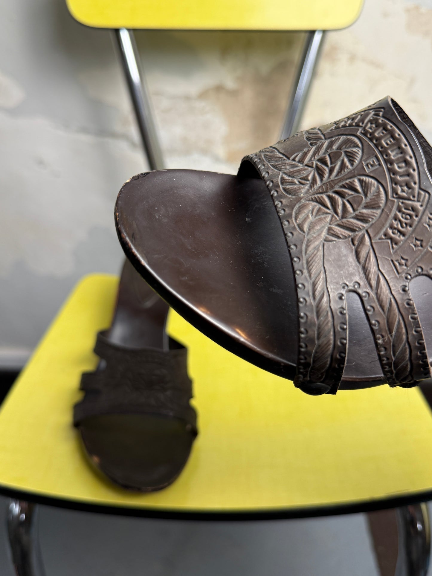 2000s Fendi Stampede Wooden High Heel Mules Y2k Brown - 38