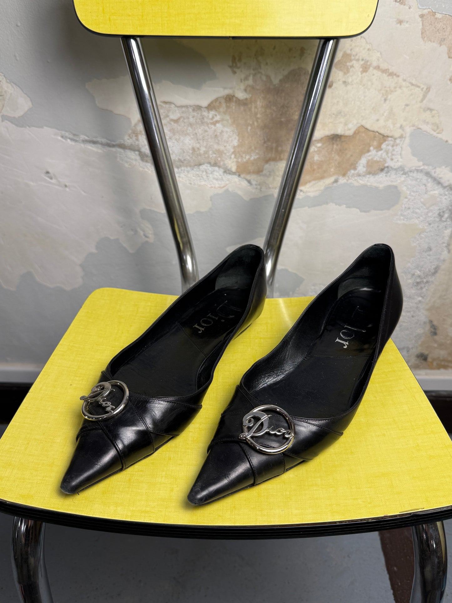 Vintage 2000s Dior by John Galliano Cursive Logo Pointed Toe Flats Black Y2k - 37