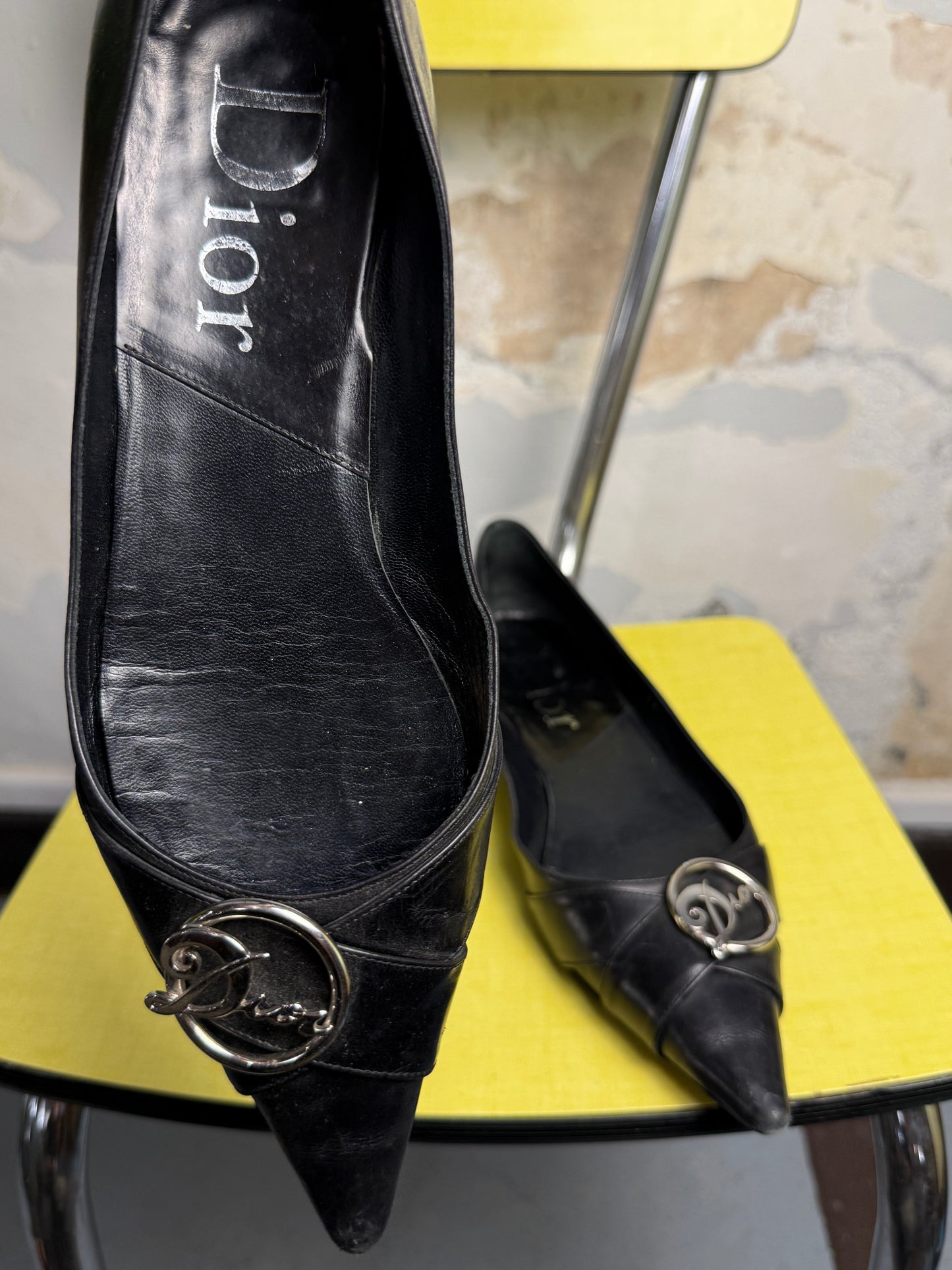 Vintage 2000s Dior by John Galliano Cursive Logo Pointed Toe Flats Black Y2k - 37