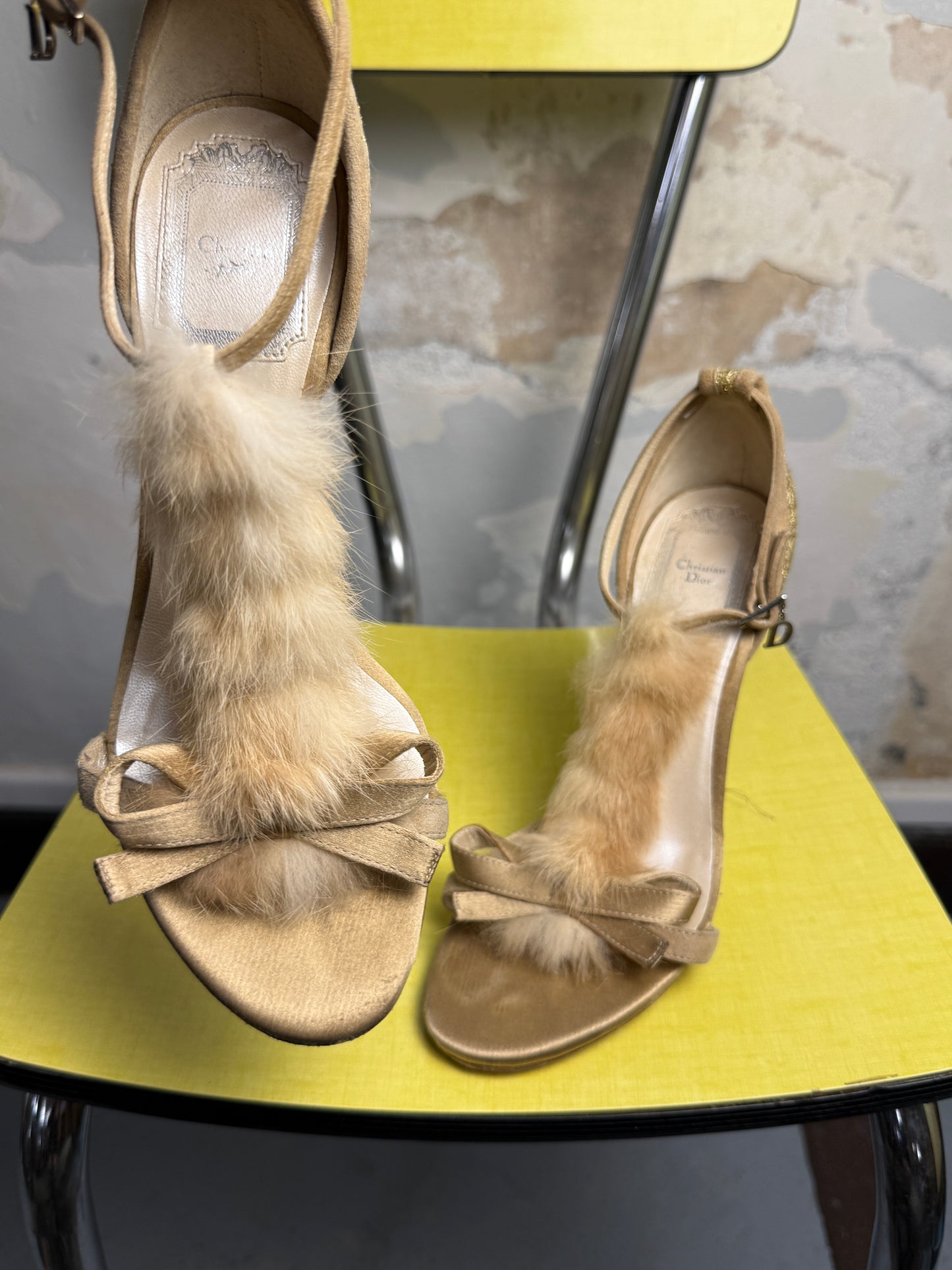 Christian Dior by John Galliano Fall/Winter 2000 Archive Mink Fur Satin T-Strap Heels - 35