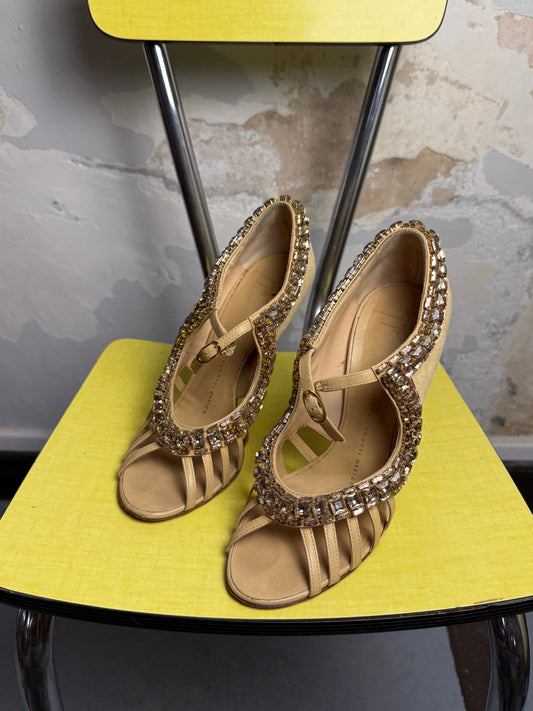 2000s Giuseppe Zanotti Jeweled T-Strap Cage Sandal Cream Gold - 36