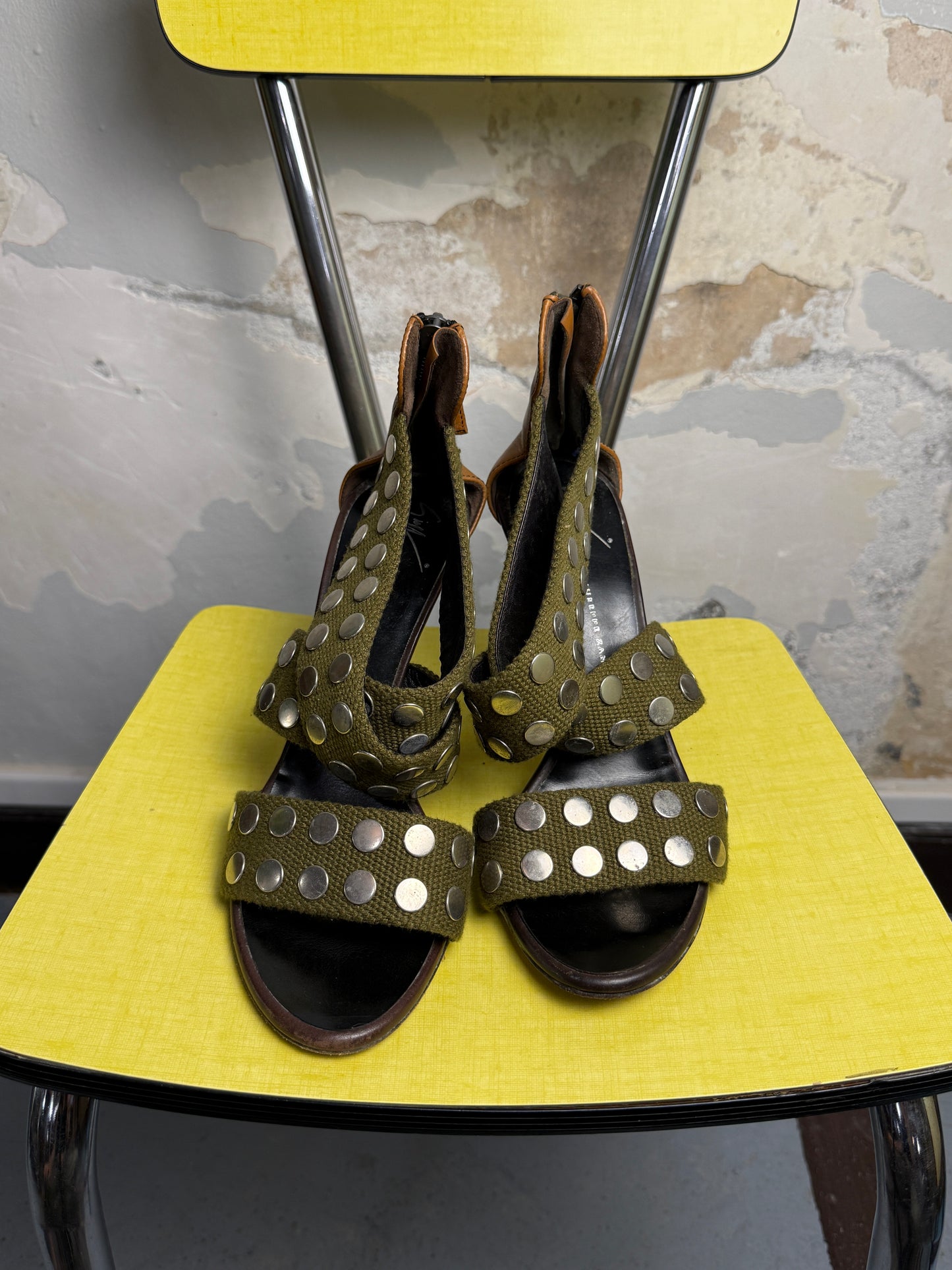 Y2k Giuseppe Zanotti Studded Canvas Strappy Sandals Khaki Green - 38