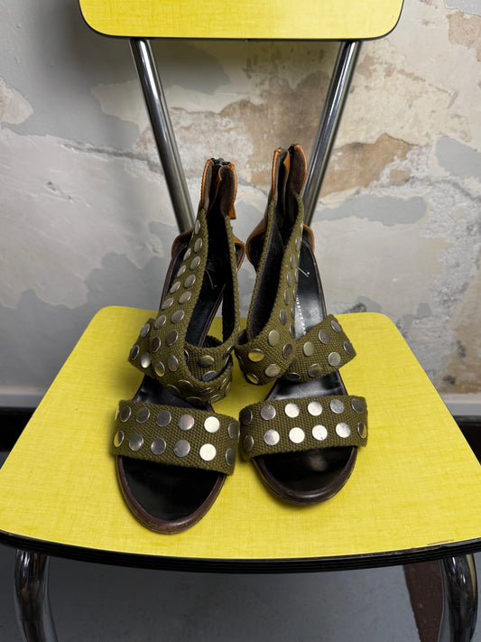 Y2k Giuseppe Zanotti Studded Canvas Strappy Sandals Khaki Green - 38