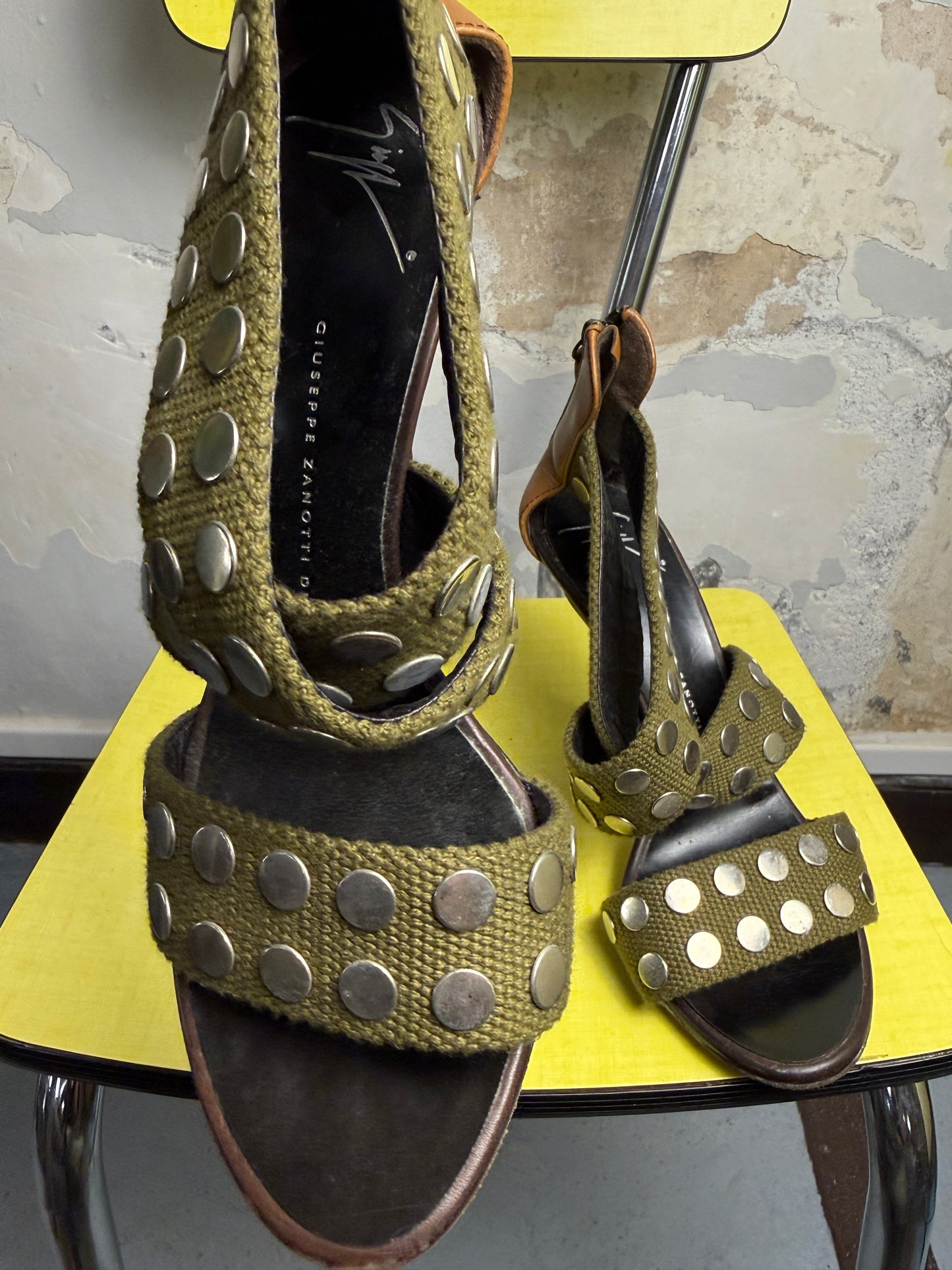 Y2k Giuseppe Zanotti Studded Canvas Strappy Sandals Khaki Green - 38