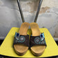 Early 2000s Von Dutch Flying Eyeball Engraved Wooden Clog Sandals Brown Blue - 40
