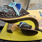 Early 2000s Von Dutch Flying Eyeball Engraved Wooden Clog Sandals Brown Blue - 40