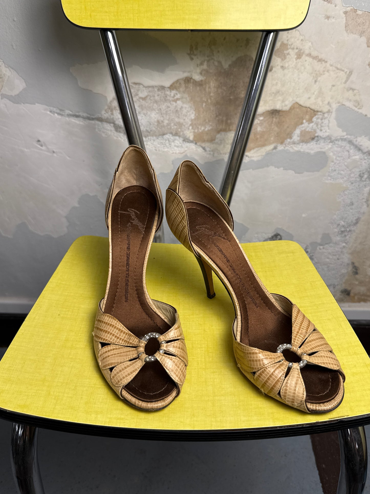 Vintage Giuseppe Zanotti Pleated Lizard-Embossed D'Orsay Pump Heels Early 2000s Beige - 37
