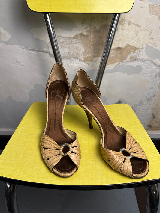 Vintage Giuseppe Zanotti Pleated Lizard-Embossed D'Orsay Pump Heels Early 2000s Beige - 37