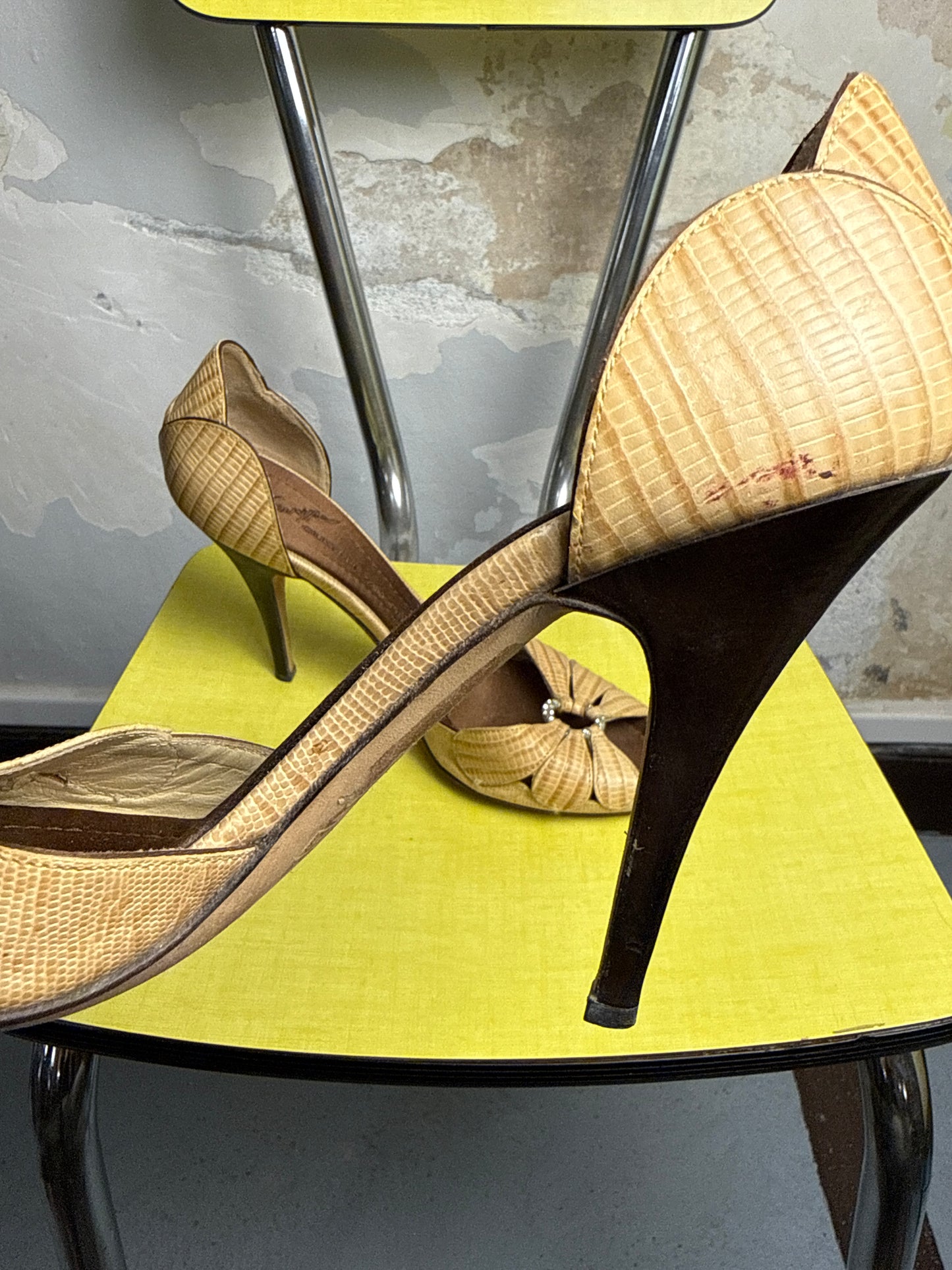 Vintage Giuseppe Zanotti Pleated Lizard-Embossed D'Orsay Pump Heels Early 2000s Beige - 37