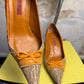 Y2k Carolina Herrera Monogram Canvas Ostrich Trim Pump Heels Beige Orange - 39