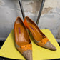 Y2k Carolina Herrera Monogram Canvas Ostrich Trim Pump Heels Beige Orange - 39