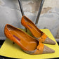 Y2k Carolina Herrera Monogram Canvas Ostrich Trim Pump Heels Beige Orange - 39
