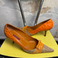 Y2k Carolina Herrera Monogram Canvas Ostrich Trim Pump Heels Beige Orange - 39