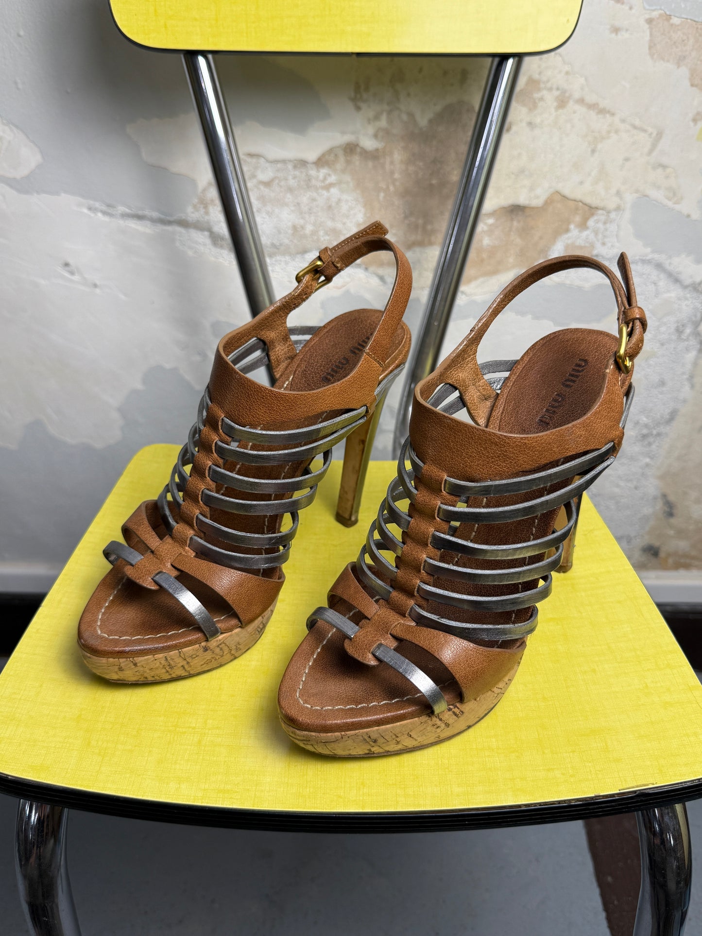2000s Miu Miu Metalic Multi-Stripe Gladiator Style Cork Platform Sandals Brown - 38