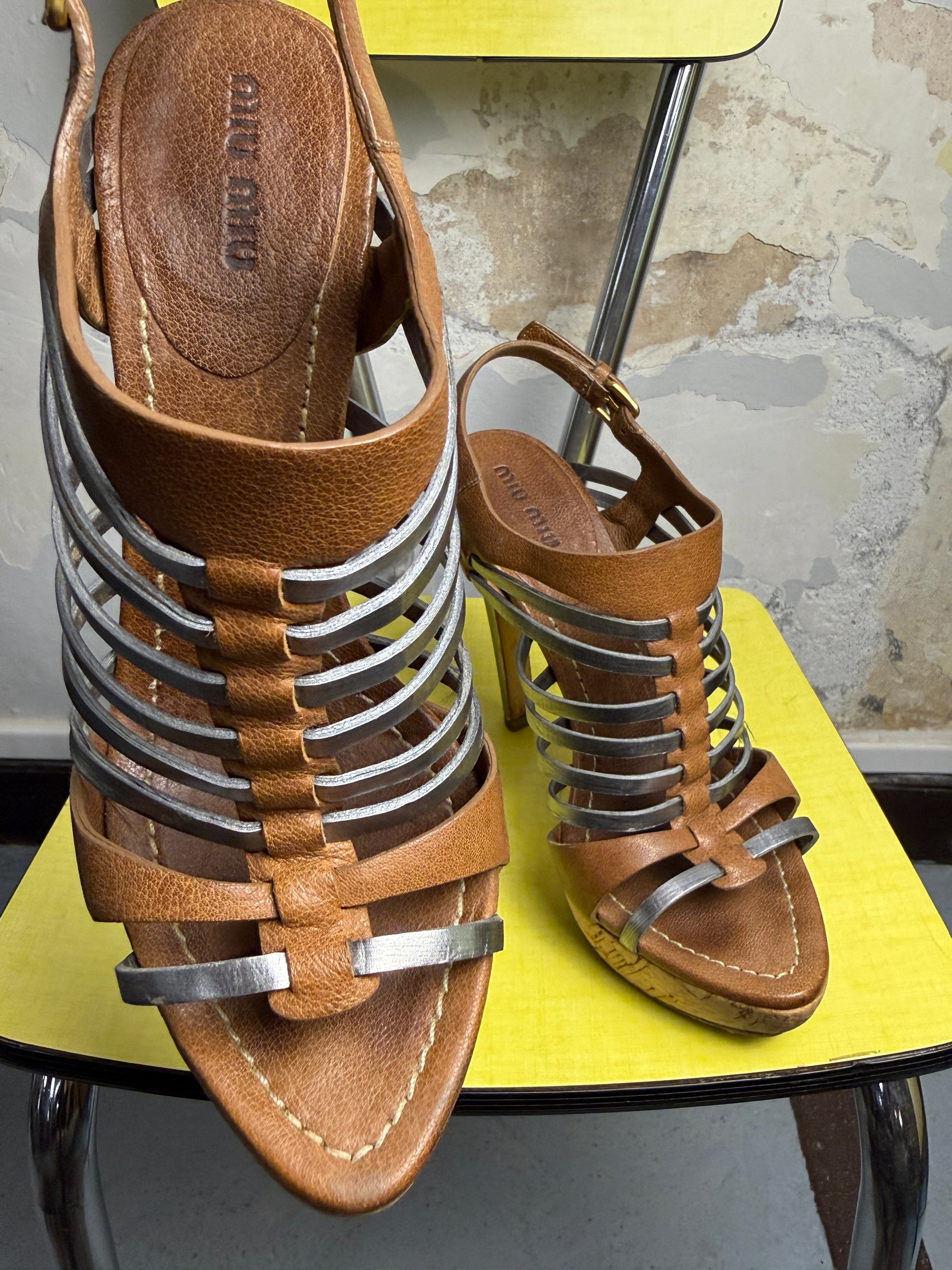 2000s Miu Miu Metalic Multi-Stripe Gladiator Style Cork Platform Sandals Brown - 38