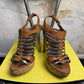 2000s Miu Miu Metalic Multi-Stripe Gladiator Style Cork Platform Sandals Brown - 38