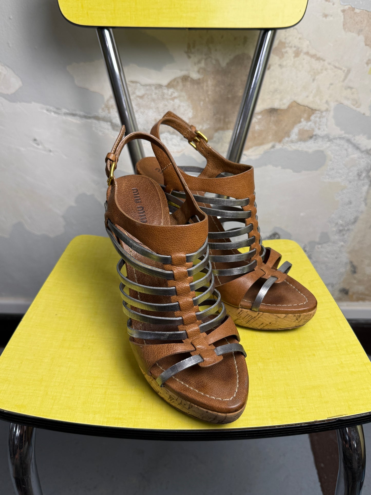2000s Miu Miu Metalic Multi-Stripe Gladiator Style Cork Platform Sandals Brown - 38