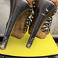 2000s Miu Miu Metalic Multi-Stripe Gladiator Style Cork Platform Sandals Brown - 38