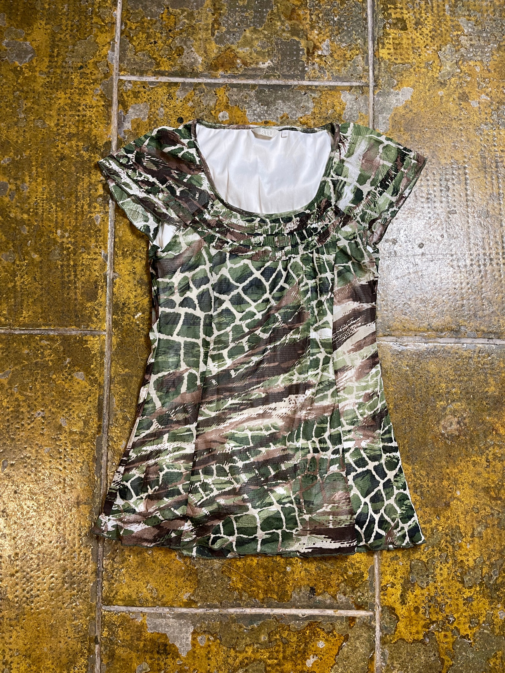 Jacqueline Riu Short Sleeve Top Green Brown 2000s y2k - M