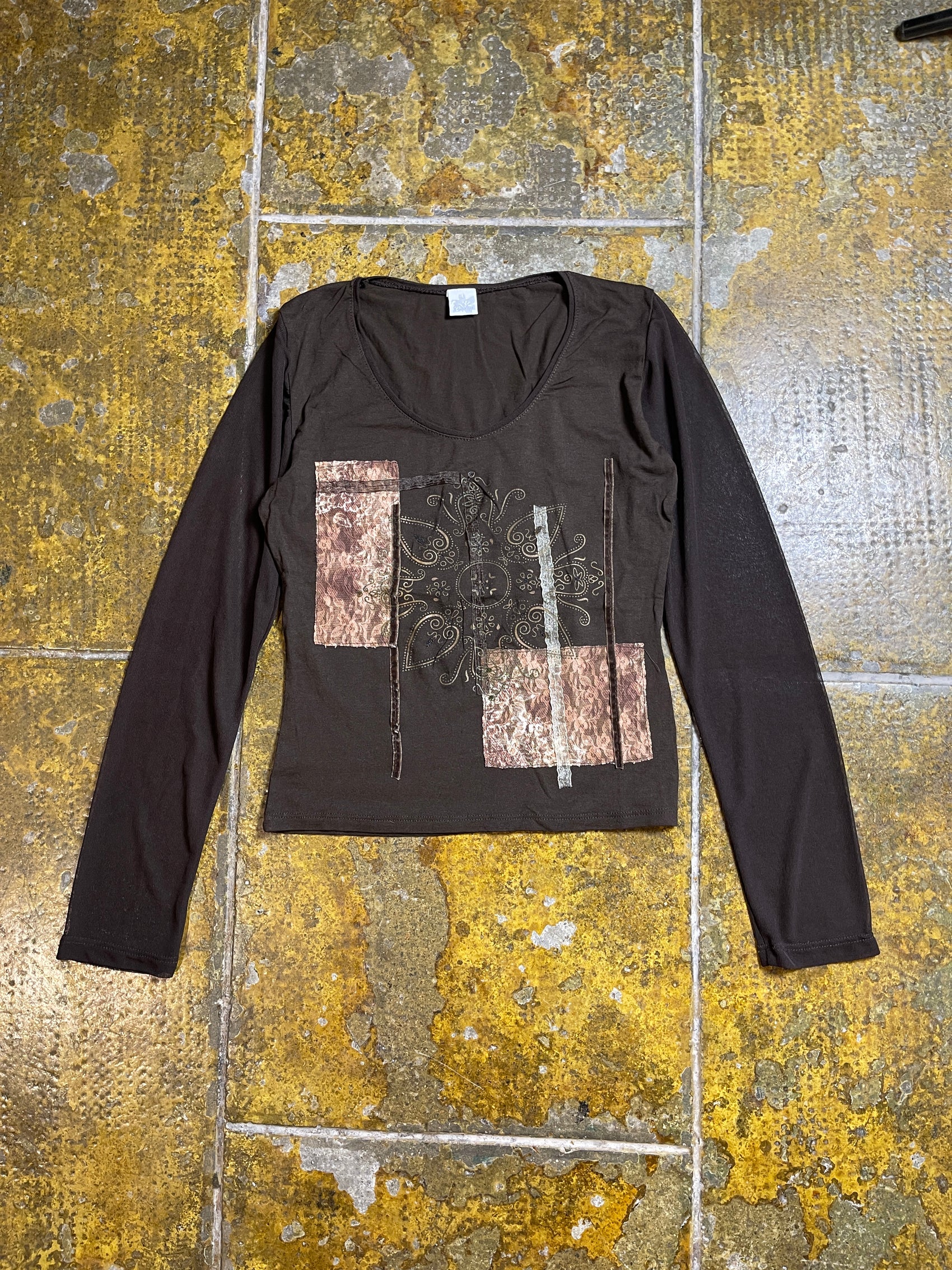 Camaieu Long Sleeve See Through Top Brown 2000s y2k - S