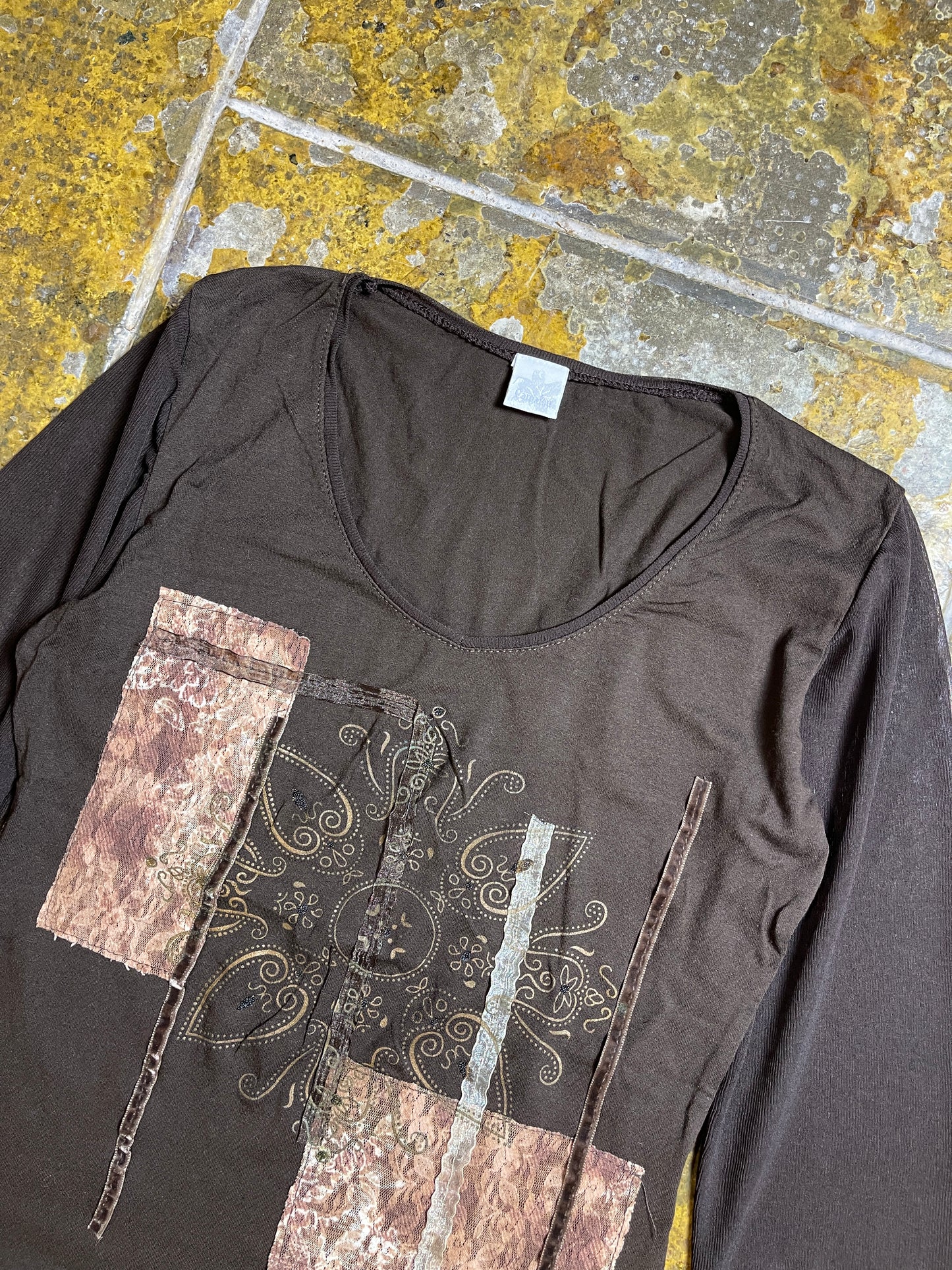Camaieu Long Sleeve See Through Top Brown 2000s y2k - S