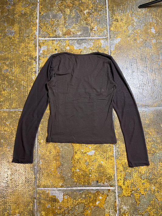 Camaieu Long Sleeve See Through Top Brown 2000s y2k - S