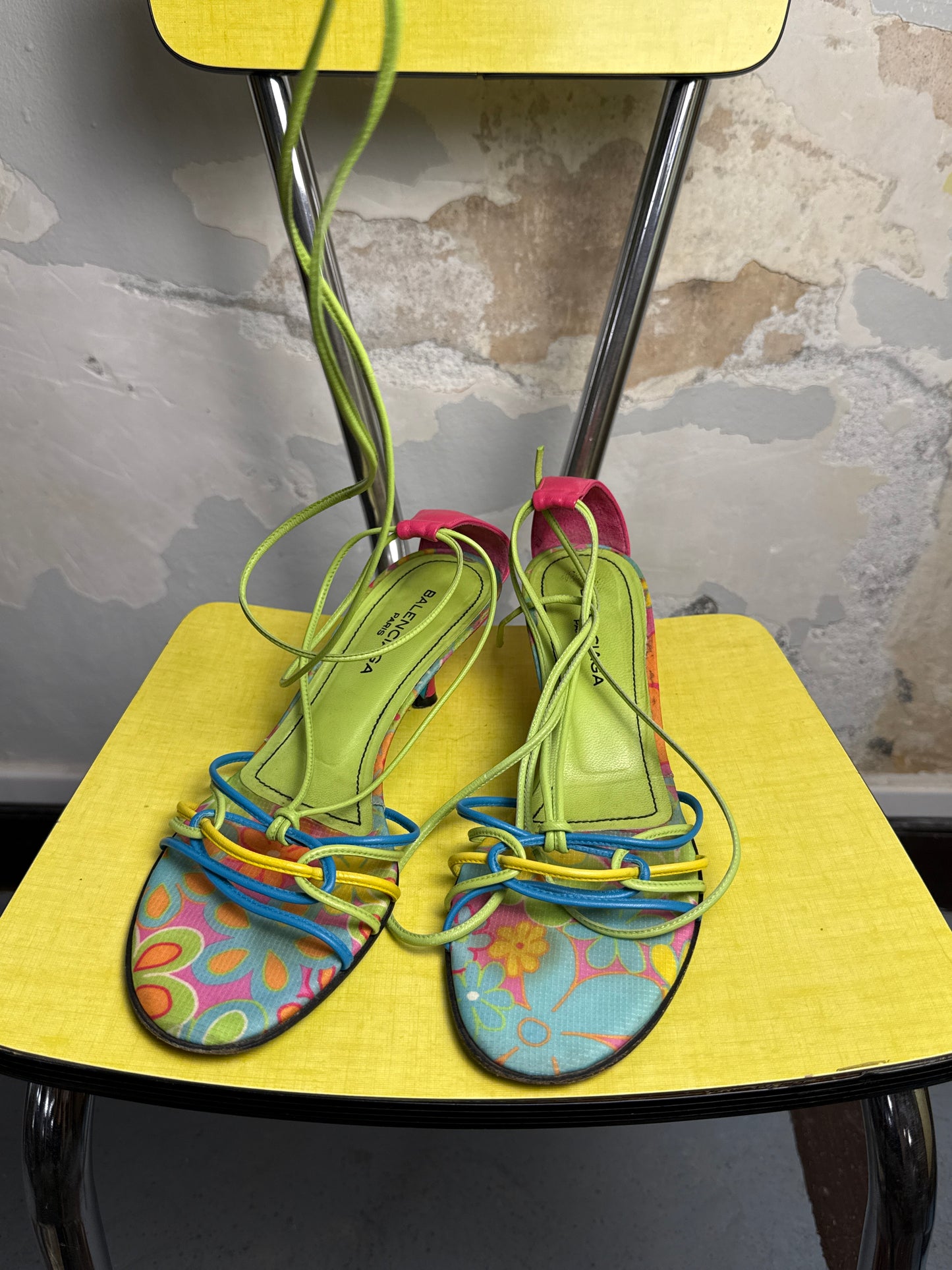 2000s Balenciaga Psychedelic Floral Ankle-Tie Stiletto Kitten Heels Sandals Spring/Summer 2008