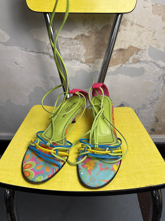 2000s Balenciaga Psychedelic Floral Ankle-Tie Stiletto Kitten Heels Sandals Spring/Summer 2008