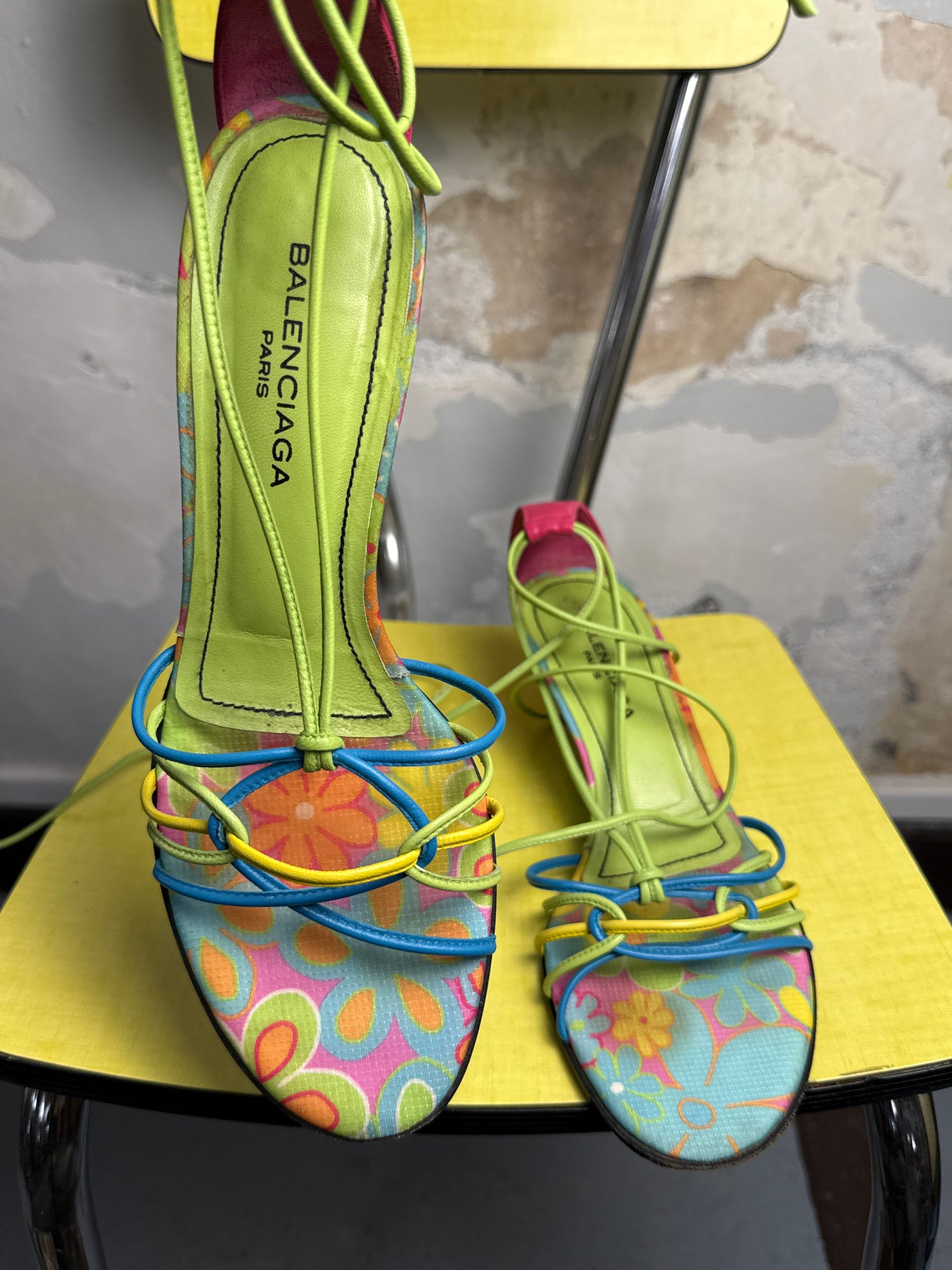 2000s Balenciaga Psychedelic Floral Ankle-Tie Stiletto Kitten Heels Sandals Spring/Summer 2008