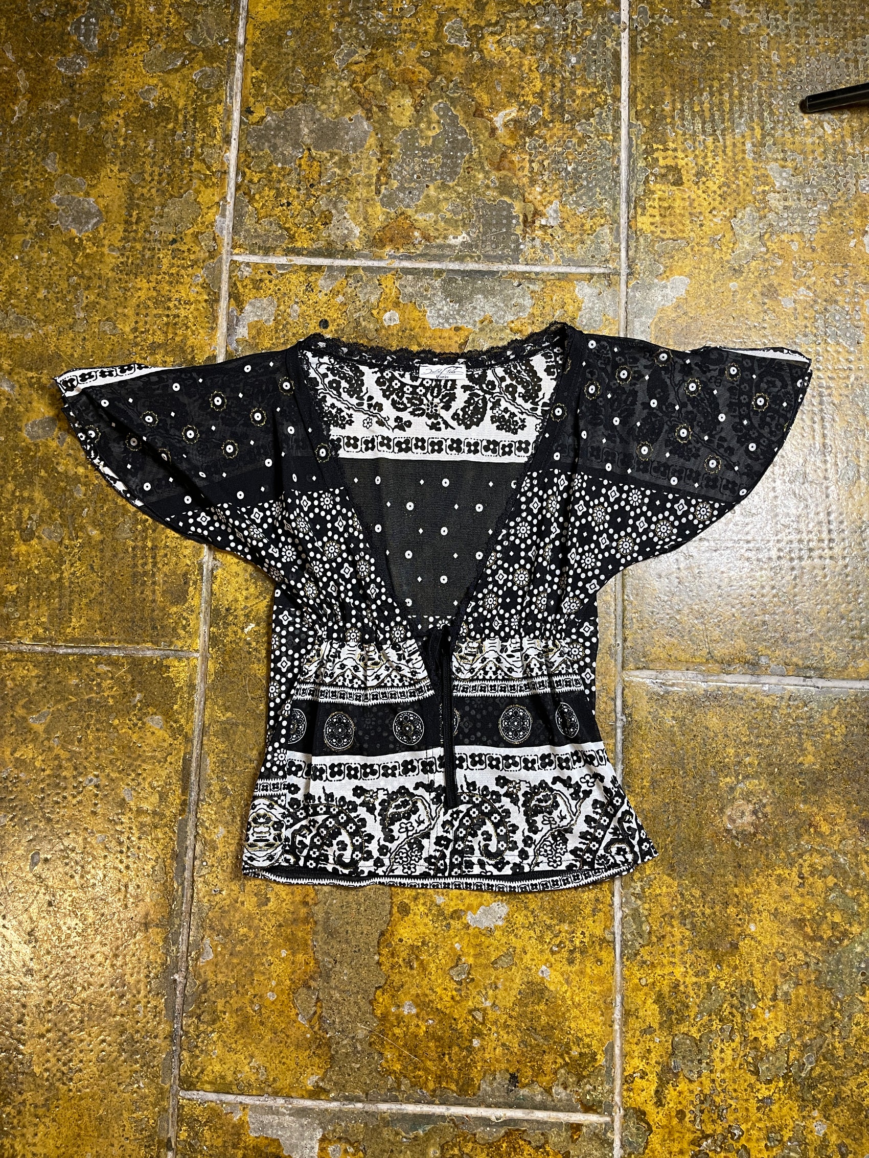 David FIlo Short Sleeve See Through Top Black White 2000s y2k - M