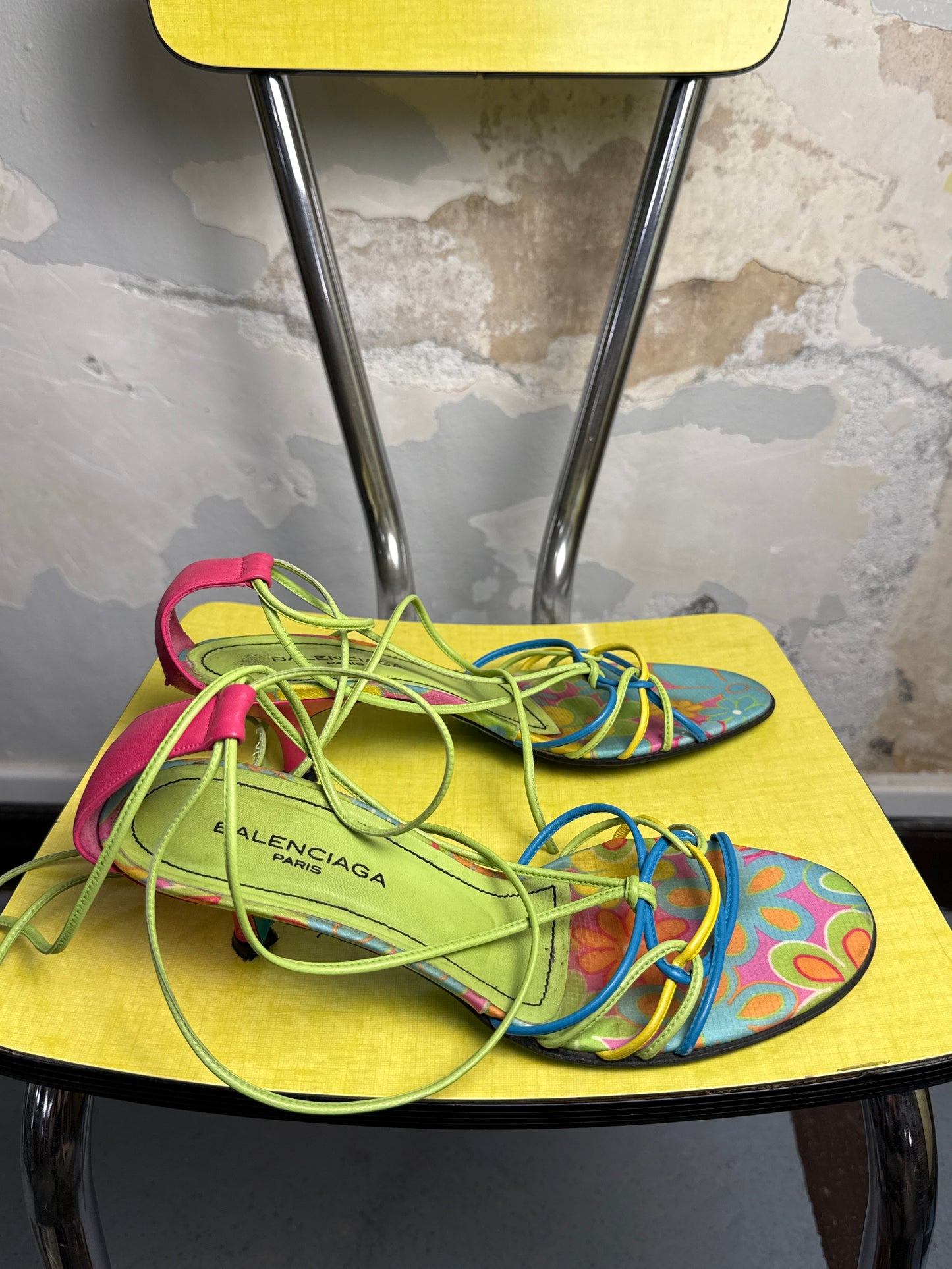 2000s Balenciaga Psychedelic Floral Ankle-Tie Stiletto Kitten Heels Sandals Spring/Summer 2008